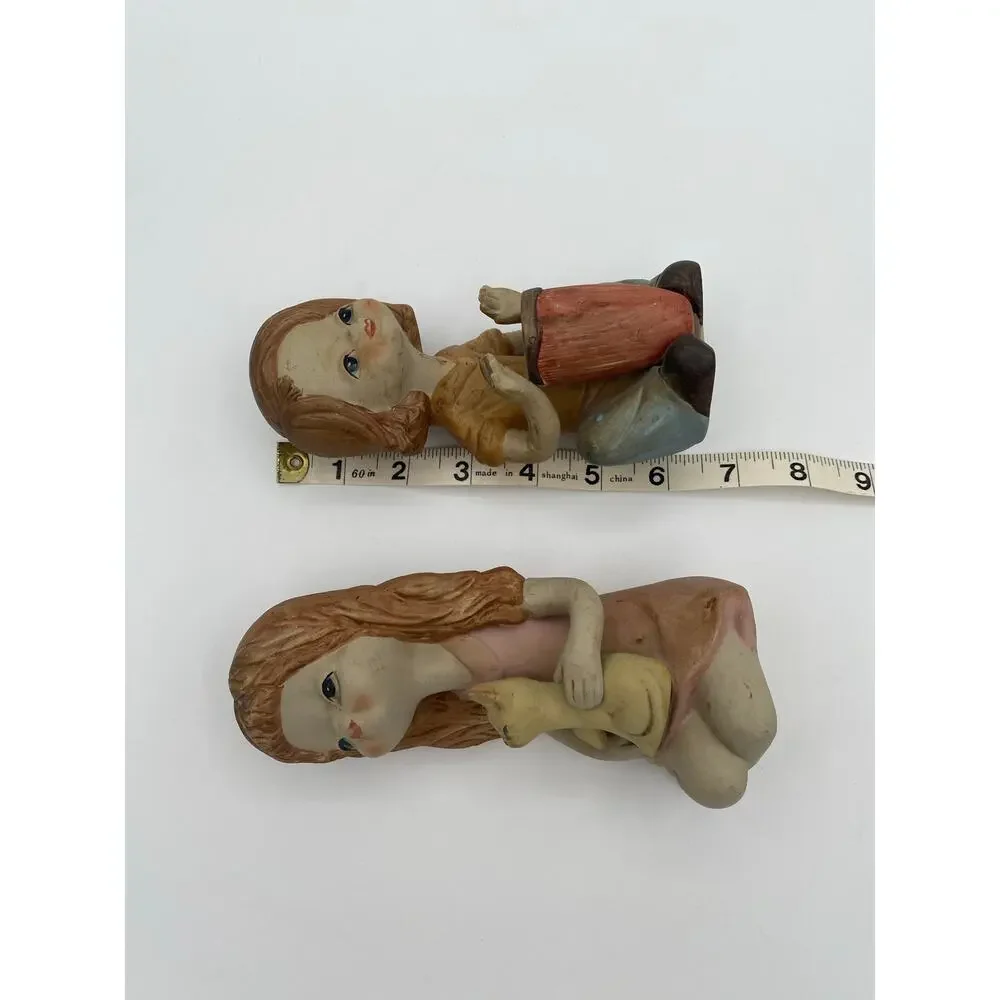 Vintage 1970s Ceramic Boy & Girl Figurine Cat Drum Set of 2